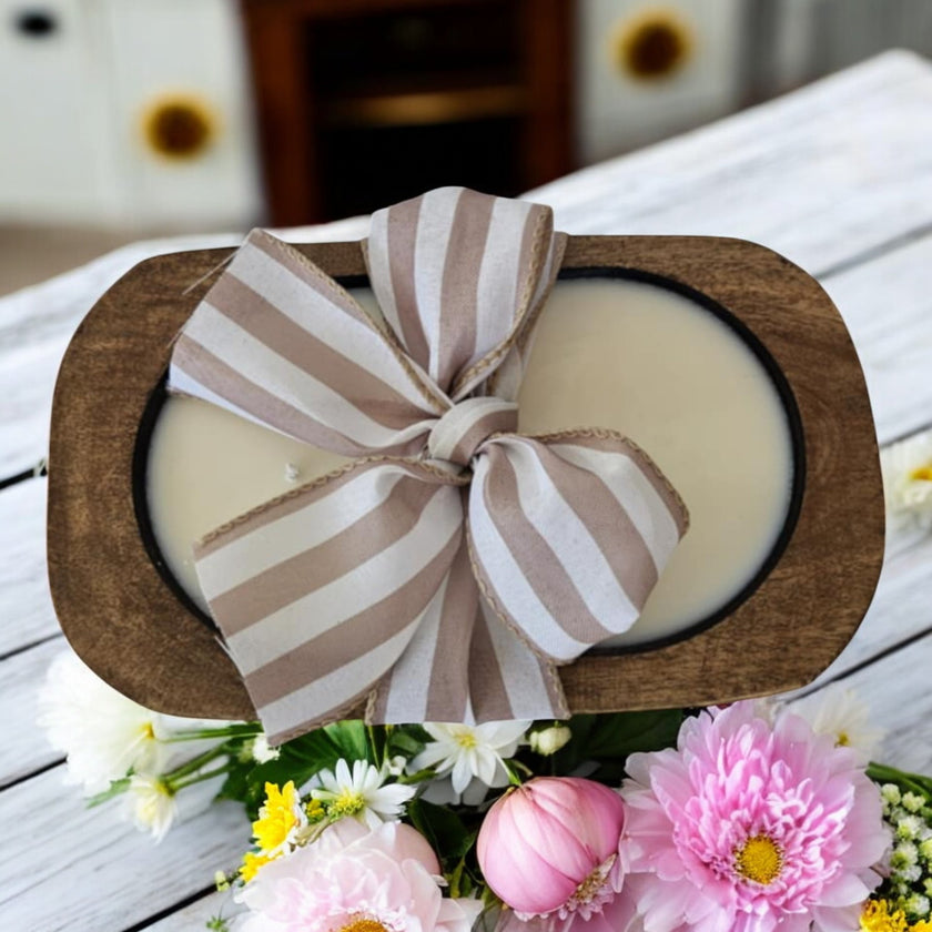 Wooden Dough Bowl Candle with Striped Bow