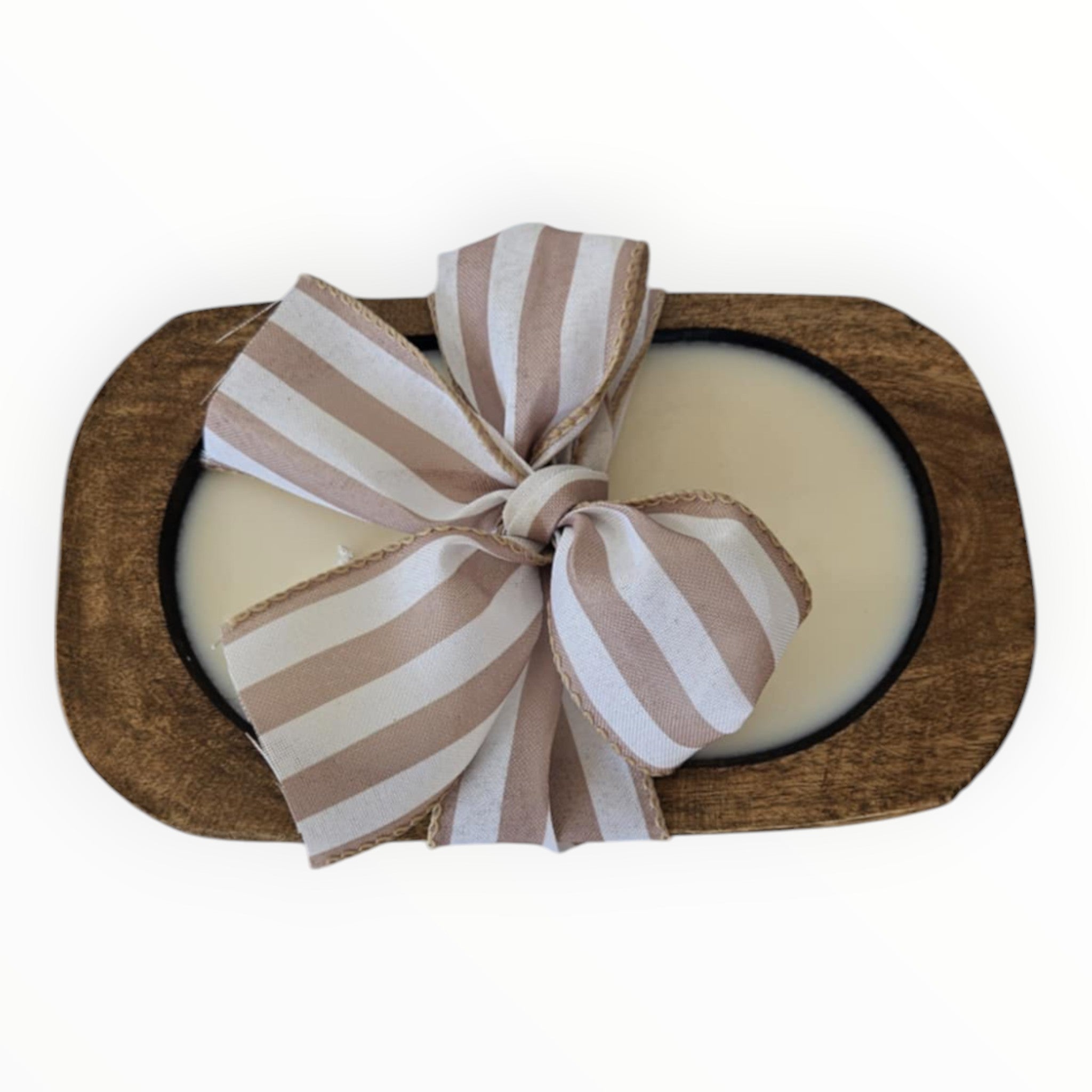 Wooden Dough Bowl Candle with Striped Bow