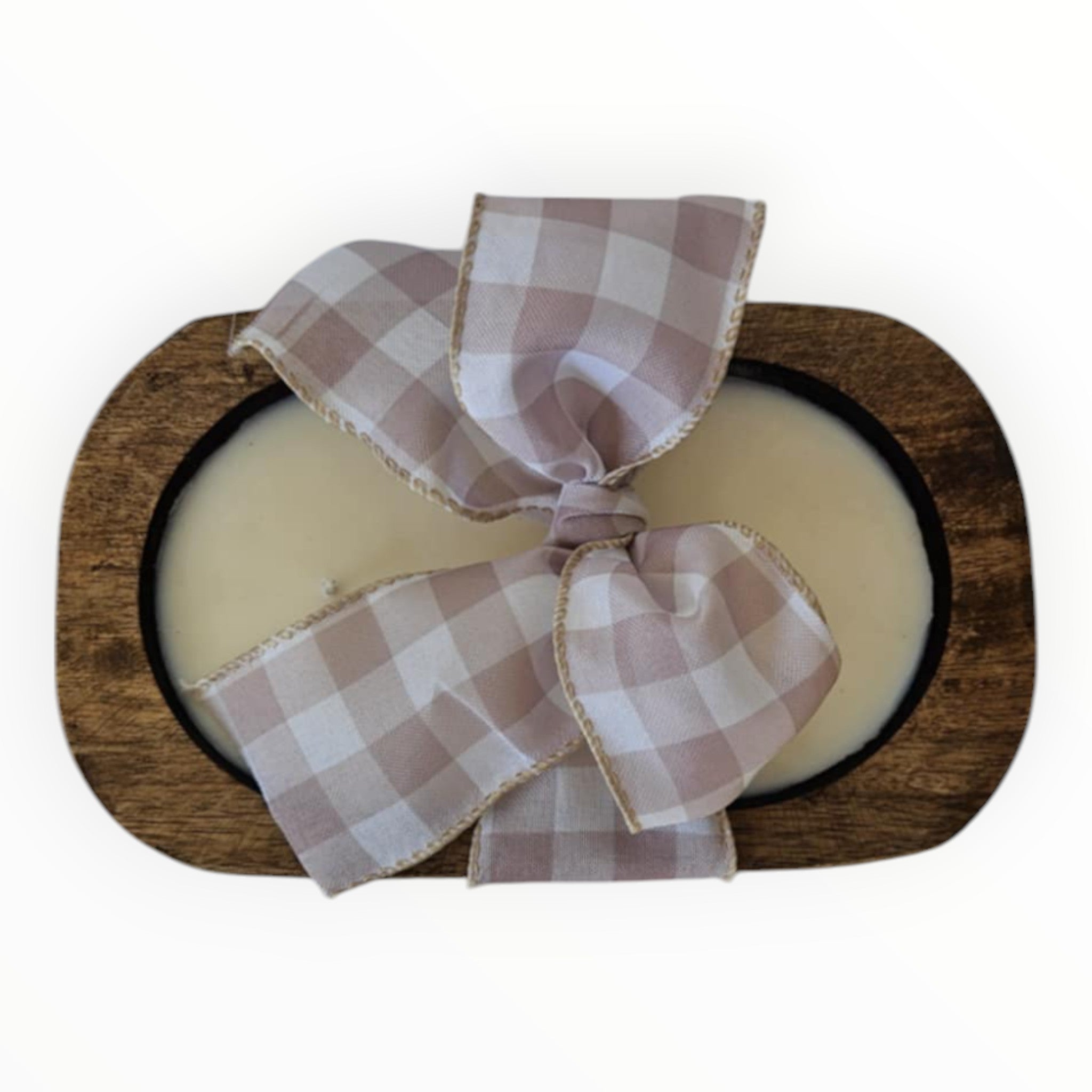 Wooden Dough Bowl Candle with Buffalo Plaid Bow