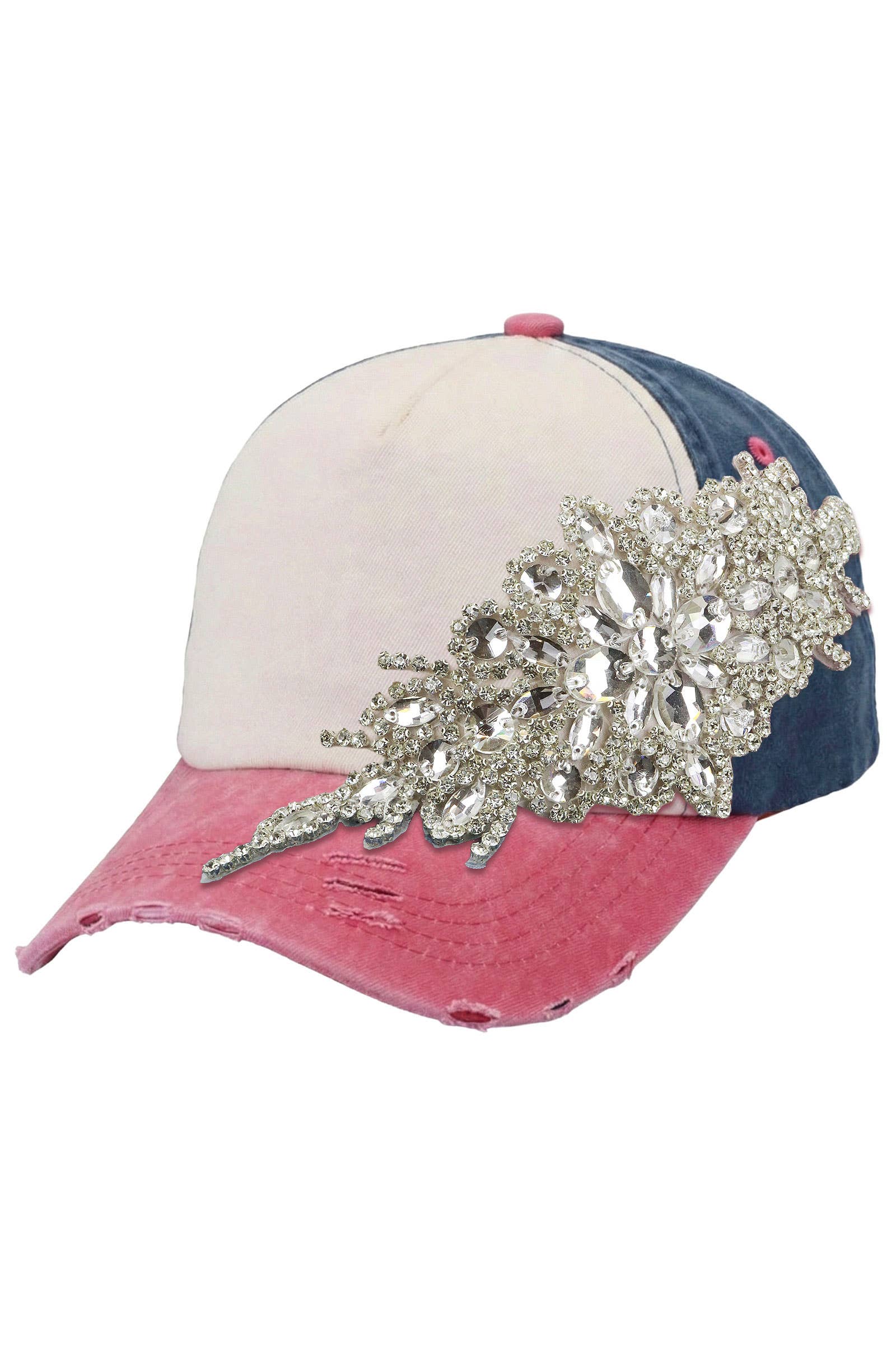 White/Pink/Navy - Crystal Flower Distressed Baseball Cap