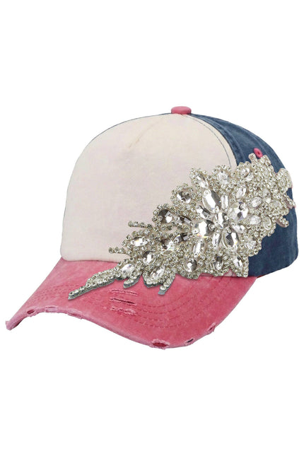 White/Pink/Navy - Crystal Flower Distressed Baseball Cap