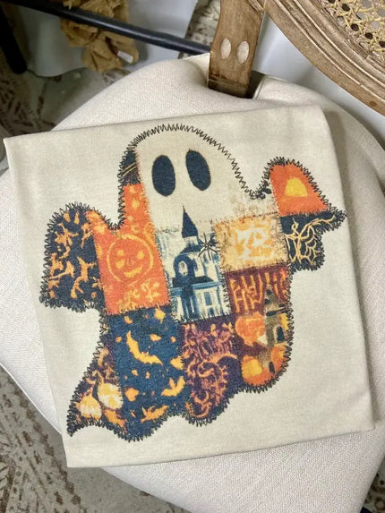 Vintage Halloween Patchwork Ghost  Graphic Tee