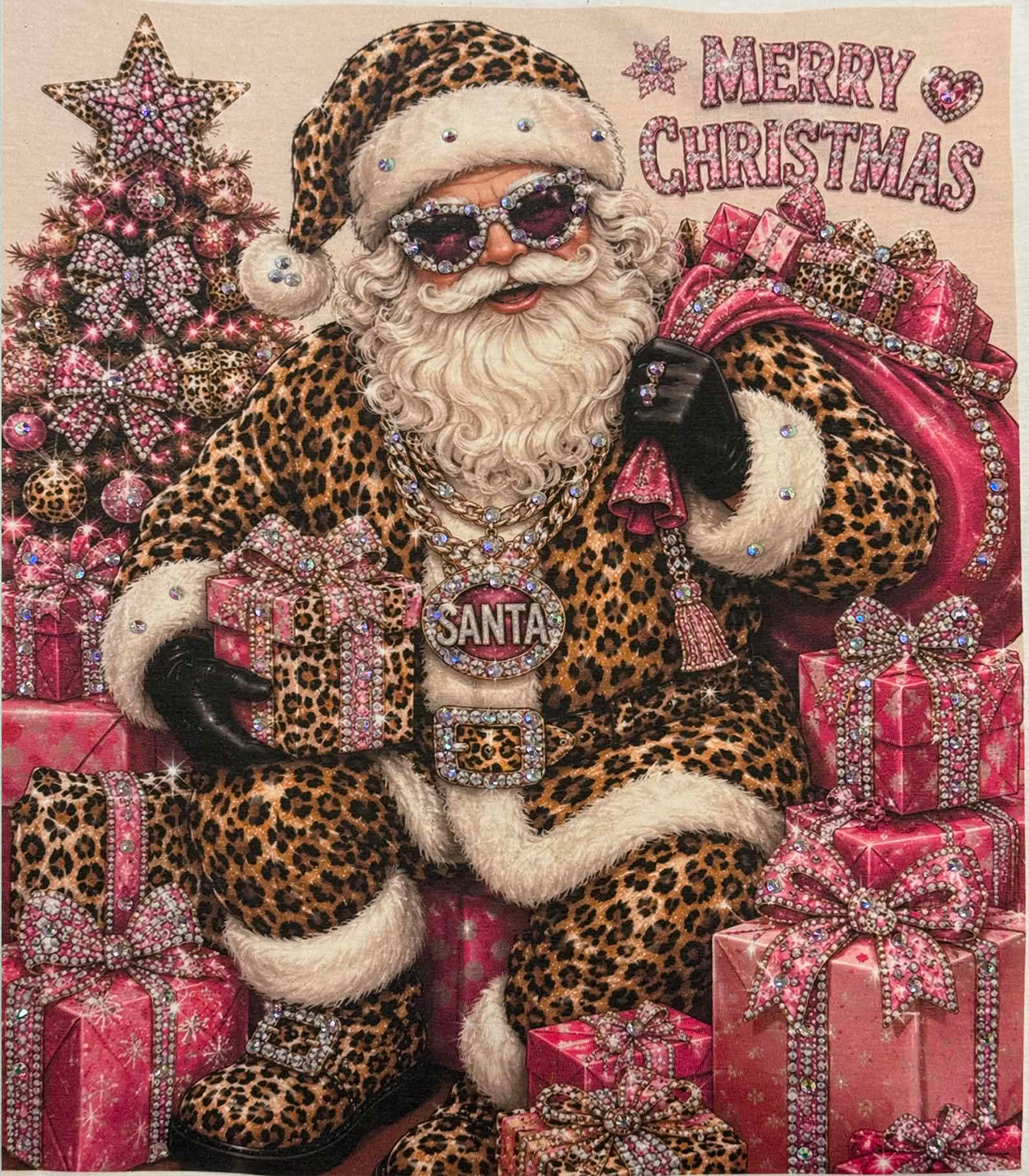 Blinged-Out Leopard Santa Christmas Holiday Tee