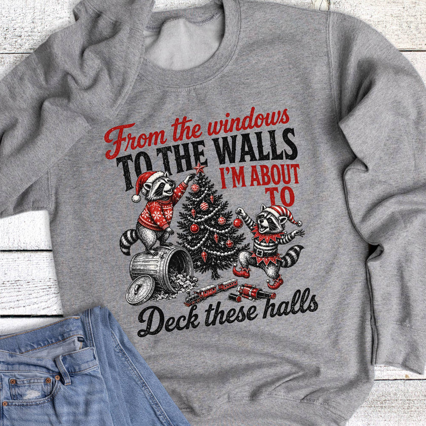 Deck These Halls Christmas Raccoons Graphic Sweatshirt
