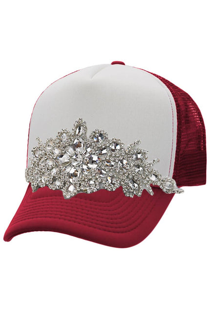 White/Burgundy - Crystal Flower Rhinestone Trucker Hat