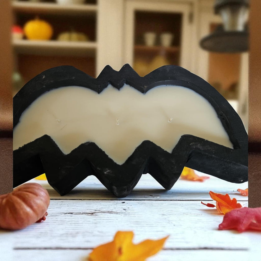Halloween Bat Wooden Dough Bowl Candle