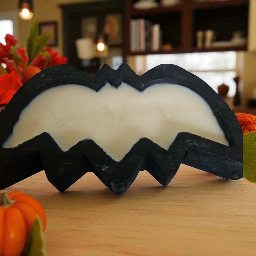 Halloween Bat Wooden Dough Bowl Candle