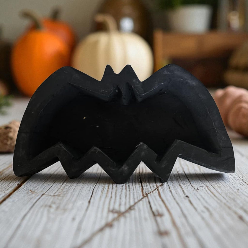 Halloween Bat Wooden Dough Bowl Candle