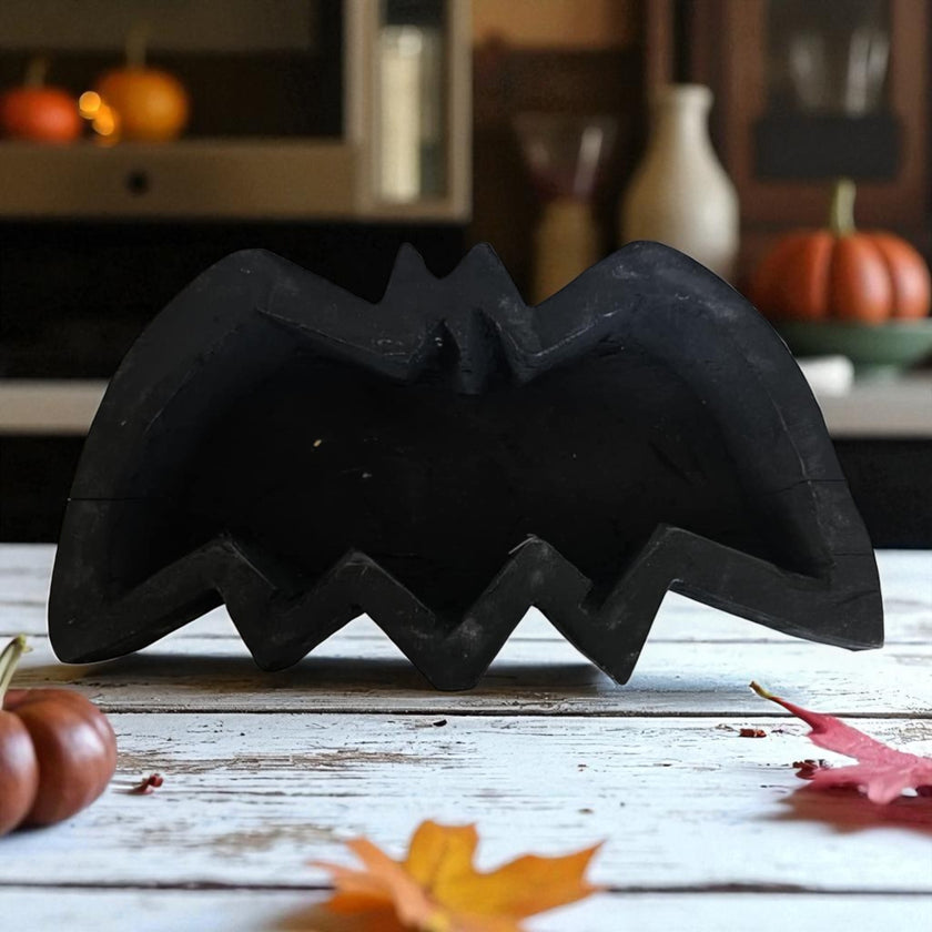 Halloween Bat Wooden Dough Bowl Candle