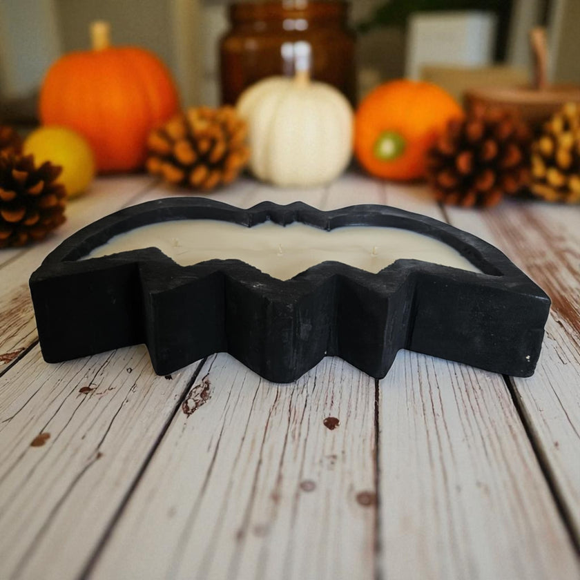 Halloween Bat Wooden Dough Bowl Candle