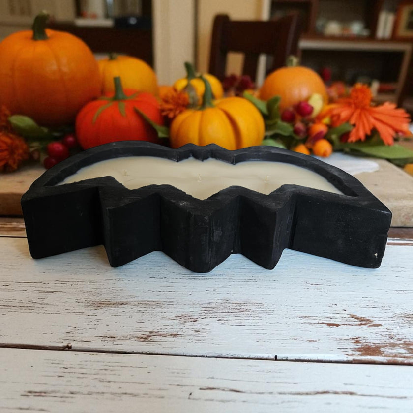 Halloween Bat Wooden Dough Bowl Candle