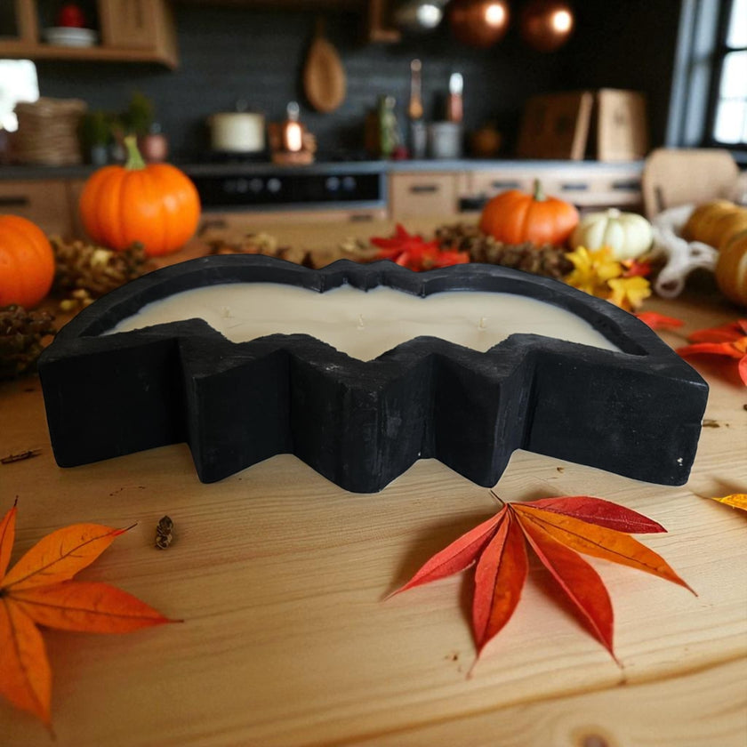 Halloween Bat Wooden Dough Bowl Candle