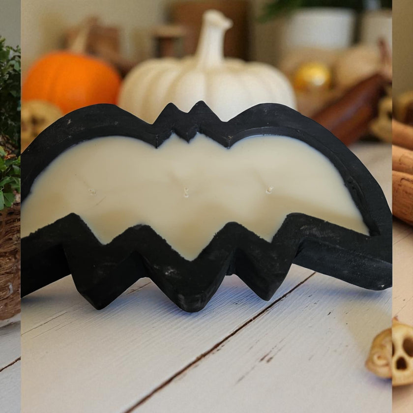 Halloween Bat Wooden Dough Bowl Candle