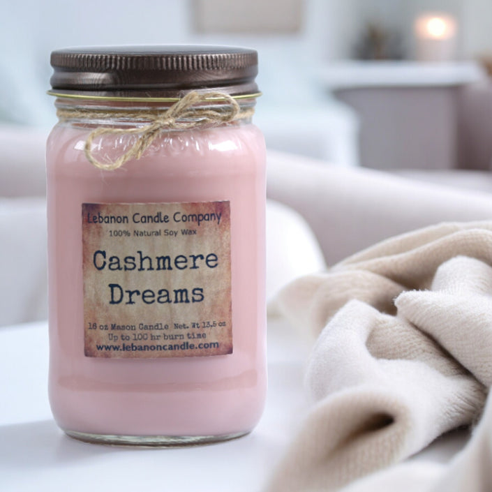 Cashmere Dreams Candle, 16.5oz Mason Jar, 100hr Burn, Scented Soy, Non-Toxic, Highly Scented, Handmade in The USA, Natural Soy Wax, Long Lasting Scent