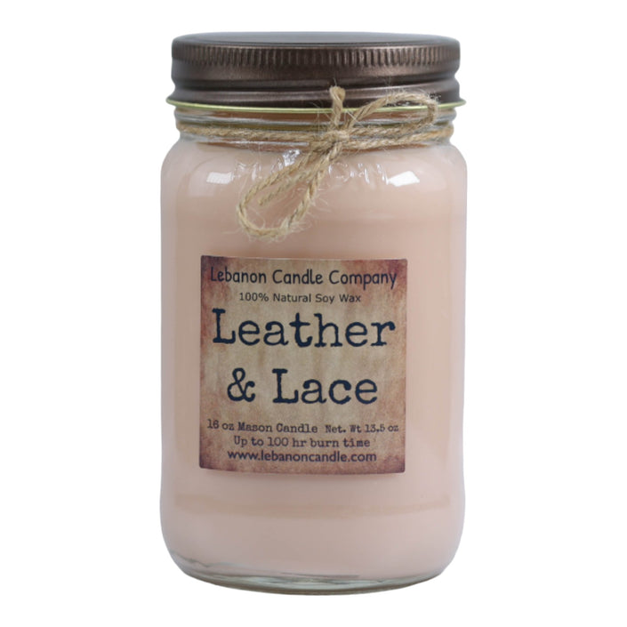 Leather & Lace Candle, 16.5oz Mason Jar, 100hr Burn, Scented Soy, Non-Toxic, Highly Scented, Handmade in The USA, Natural Soy Wax, Long Lasting Scent