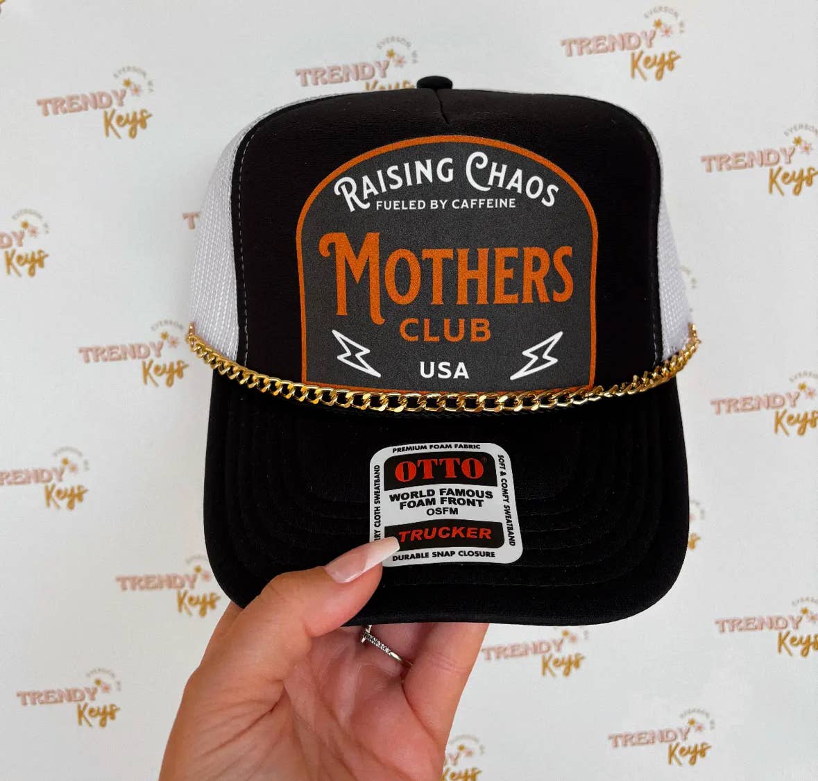Raising Chaos Mother’s Club Print Trucker Hat with Chain