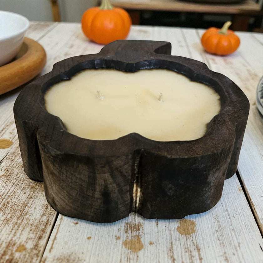 Pumpkin Wooden Dough Bowl Candle