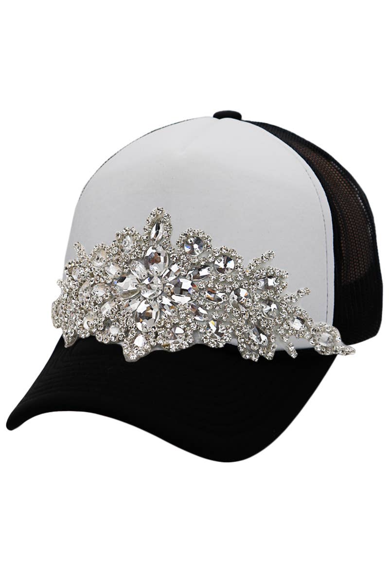 White/Black - Crystal Flower Rhinestone Trucker Hat
