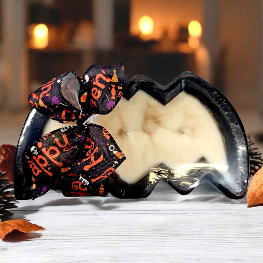 Halloween Bat Wooden Dough Bowl Candle