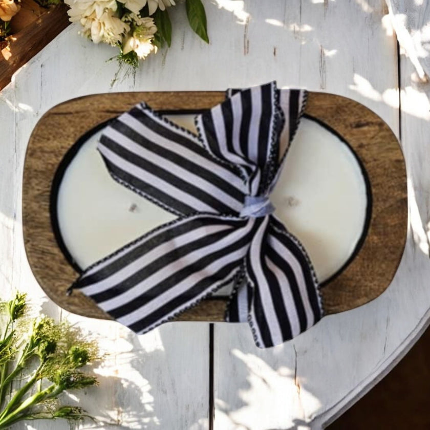 Wooden Dough Bowl Candle with Striped Bow