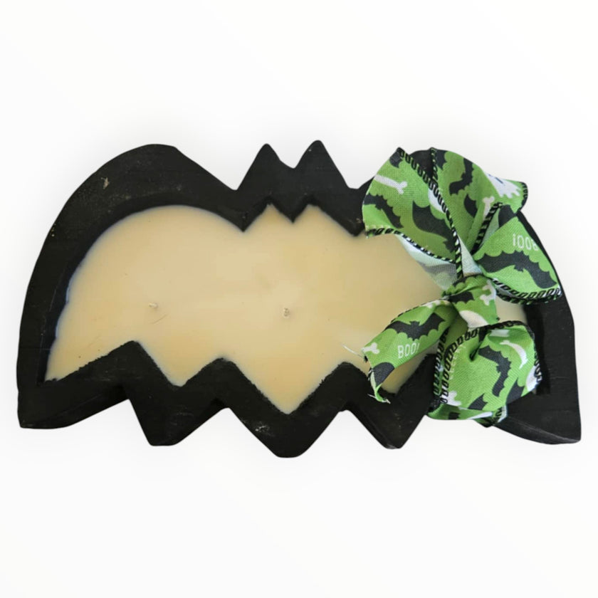 Halloween Bat Wooden Dough Bowl Candle