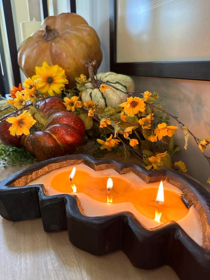 Halloween Bat Wooden Dough Bowl Candle