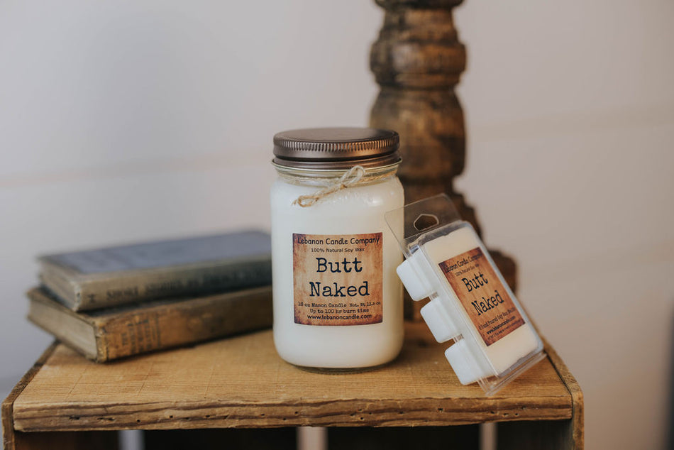 Butt Naked Candle, 16.5oz Mason Jar, 100hr Burn - Hand-Poured Soy Wax