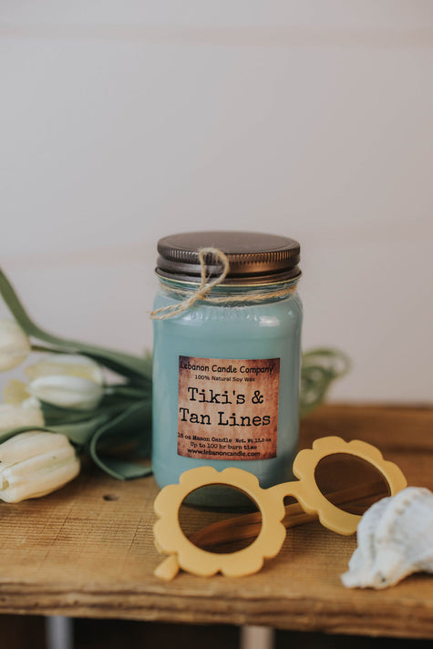 Tiki's & Tan Lines Candle, 16.5oz Mason Jar, 100hr Burn - Hand-Poured Soy Wax