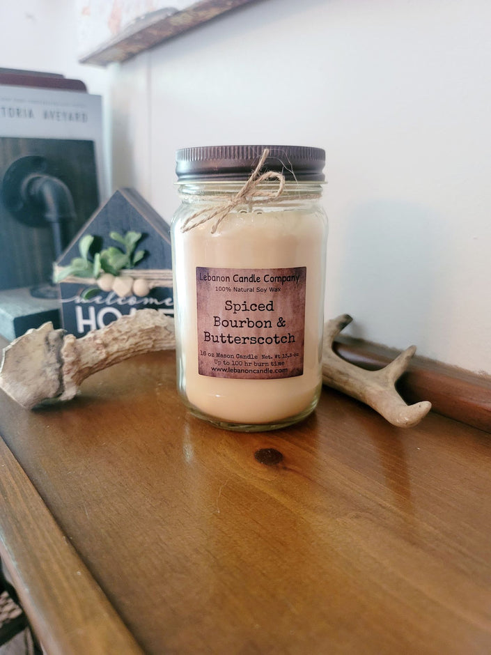 Spiced Bourbon & Butterscotch Candle, 16.5oz Mason Jar, 100hr Burn, Scented Soy, Non-Toxic, Highly Scented, Handmade in The USA, Natural Soy Wax, Long Lasting Scent